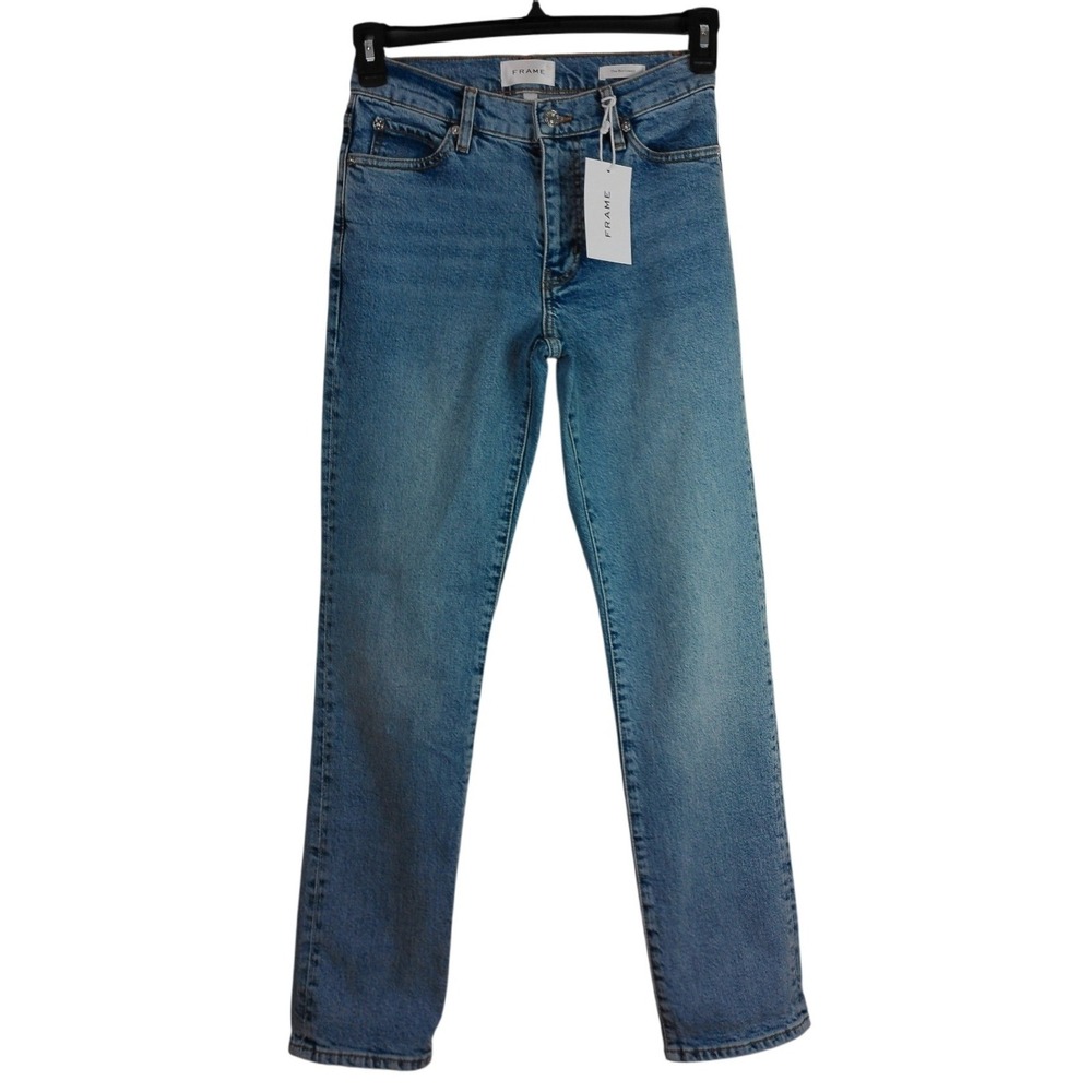 FRAME The Borrowed Mid Rise Straight Leg Jeans Ricochet Blue Denim 24 NEW